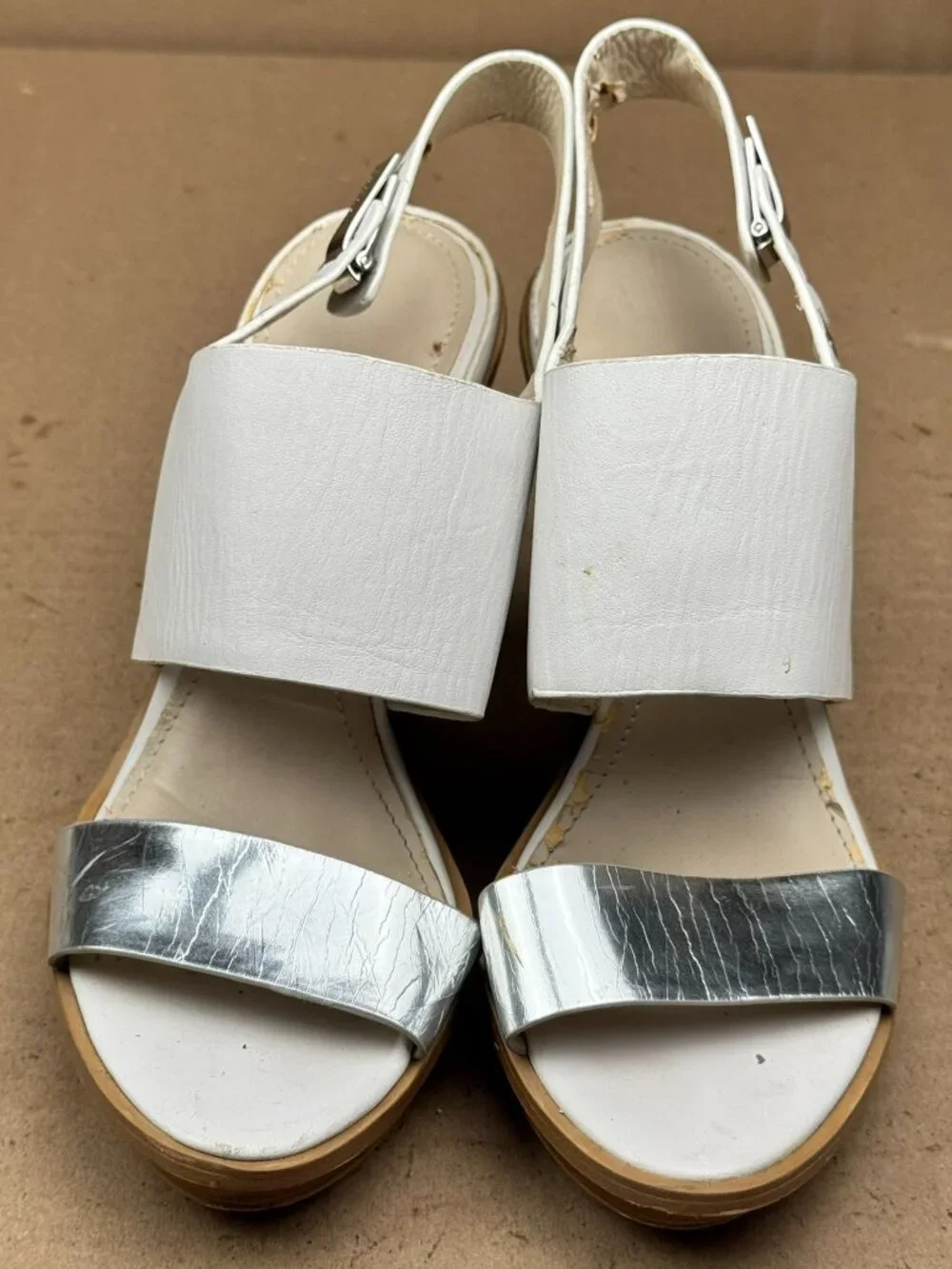 Calvin Klein Women's Size 7M White Silver Perdita Slingback Wedge Sandals damage